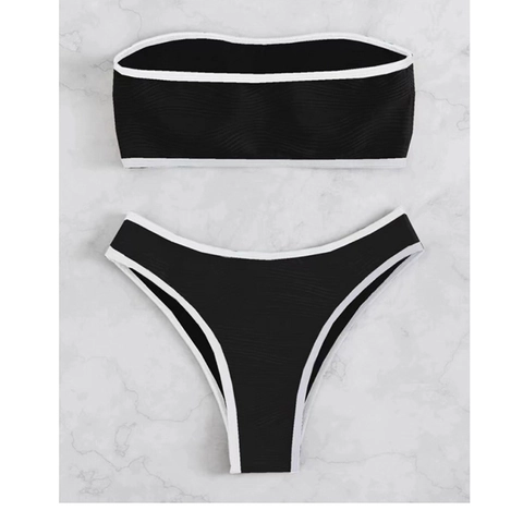 Bandeau Top Und High Waist Bikini Hose Ribbed Kontrastbindung Wellentextur Sexy Bademode Damen Strandurlaub
