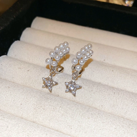 Alloy Geometric Hoop Earrings For Women With Silver Earring Post Artificial Pearl Star Chain Minimalist Style Fashion Jewelry