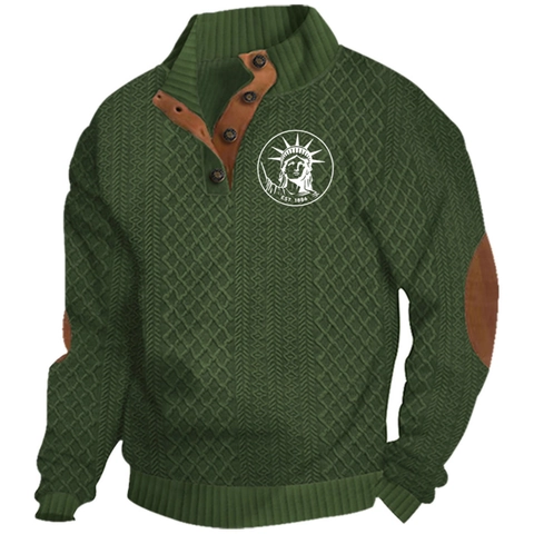 Sudadera Casual de Invierno para Hombre Cuello Alzado Manga Larga Pullover Con Tres Botones y Parches en los Codos Poliéster Top