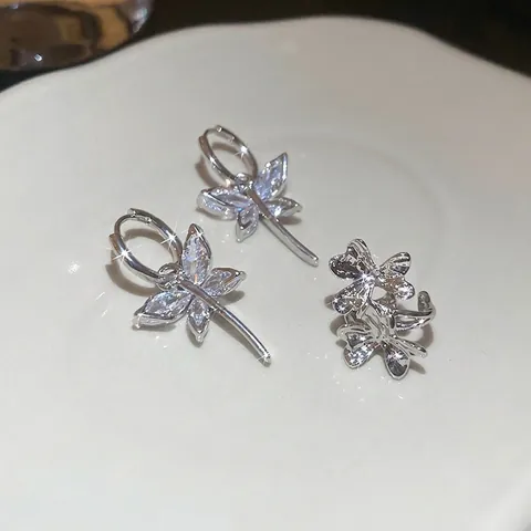 Dragonfly Butterfly Flower Drop Earrings Zircon Copper Inlay With Silver Earring Post Fashion Jewelry For Women