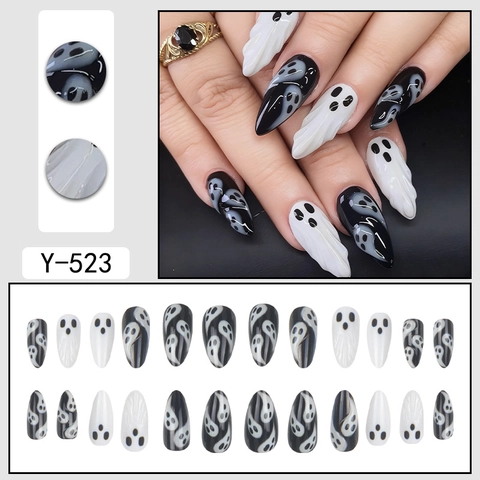 Halloween Geest Press On Nails 3D Reliëf Amandelvorm Zwart Wit Kunstnagels Voor Vrouwen Manicure