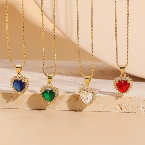 Heart Pendant Necklace 14K Gold Plated Copper Cubic Zirconia Halo Design Box Chain Elegant Jewelry For Women