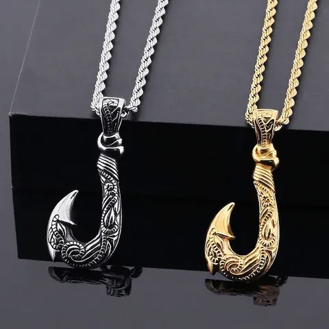 Fish Hook Pendant Necklace Stainless Steel Vintage Carved Tribal Hawaiian Matau Style Nautical Jewelry For Men Women