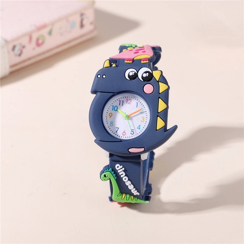 Cartoon Dinosaur 3D Analog Quartz Watch Alloy Case Silicone Strap Colorful Arabic Numerals Time Teacher For Kids
