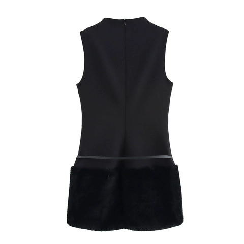 Mouwloze Mini Jurk Sexy Bodycon Ronde Hals Elegant Kunstbont Patchwork Met Riem Feest Nacht Polyester