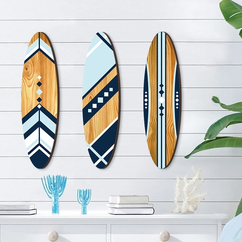 Surfboard Beach Wall Decor Wood Hawaiian Nautical Geometric Ocean Tropical Theme Hanging Plaque Home Room Ornament