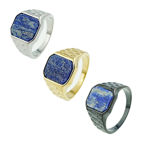 Anello Da Sigillo Uomo Lapis Lazuli Acciaio Inossidabile Pietra Blu Quadrata Vintage Fascia Strutturata Geometrica