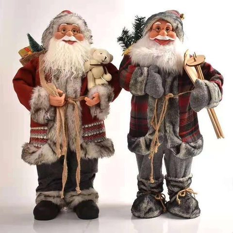 Standing Santa Claus Doll Figurine Faux Fur Fabric Christmas Ornament Decoration Indoor Home Holiday Gift