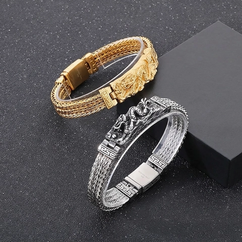 Men Bracelet 316L Stainless Steel Dragon Pattern Retro Punk Woven Braided Chain Jewelry Gothic Gift