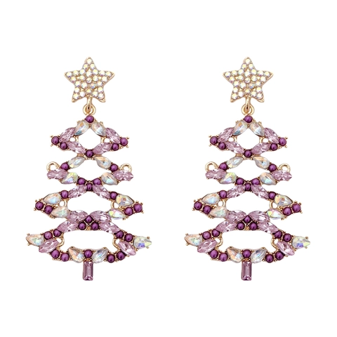 Christmas Tree Drop Earrings Hollow Alloy With Colorful Rhinestones And Stainless Steel Earring Post Holiday Jewelry
