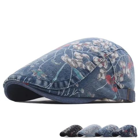 Baret Met Bloemenprint Gewassen Katoen Denim Verstelbare Retro Britse Stijl Outdoor Platte Pet Dames