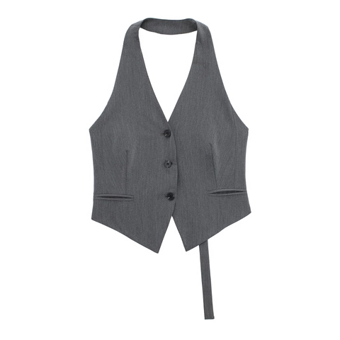 Damen Halterneck Weste Polyester Rückenfrei Knöpfe V-Saum Sexy Professionelles Streetwear Top