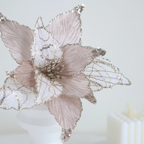Sparkling Christmas Poinsettia Artificial Flowers With Glitter Sequins And Mesh Fabric For Christmas Tree Decor Festive Ornaments