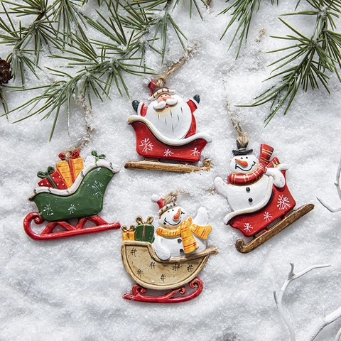Christmas Sleigh Hanging Ornaments Retro Resin Santa Claus Snowman Gift Figurine Festive Tree Decoration Nordic Style
