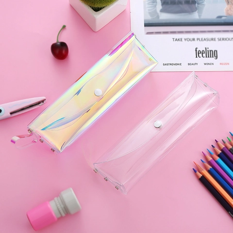 Holographisches Laser Transparentes Mäppchen PVC Ästhetische Schreibwarentasche Große Kapazität Druckknopf Für Schüler Mädchen