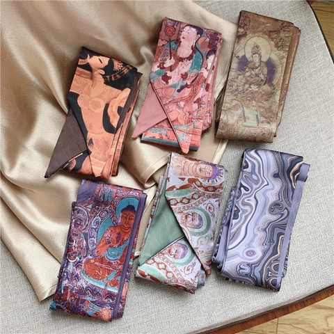 French Retro Skinny Scarf Polyester Satin Hair Band Bandana Chinese Style Landscape Printing Versatile Accessory