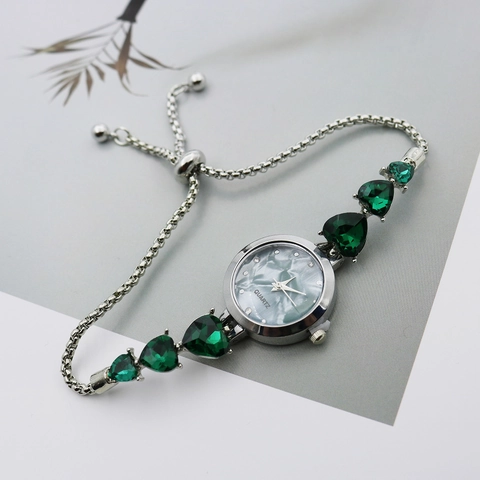 Elegant Women Heart Bracelet Watch Round Marble Dial Quartz Watch With Adjustable Slider Chain Rhinestone Jewelry Watch