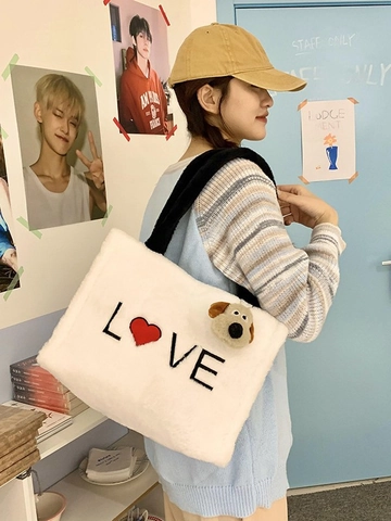 Bolso Tote De Felpa Para Mujer Bolso De Mano De Piel Sintética Bordado De Corazón Love Con Llavero De Perro Invierno