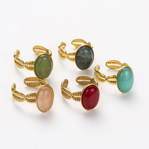 Oval Natural Stone Stainless Steel Ring Gold Plated Open Adjustable Band For Women Retro Luxury Vintage Jewelry
