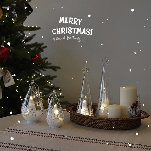 Ornement Noël En Verre LED Lumineux Scène De Neige Forme Goutte Arbre Décoration Table Festive Lueur Chaude Motif Forêt
