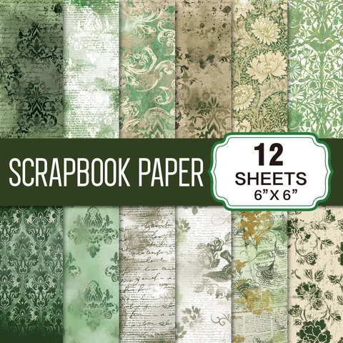 Green Vintage Scrapbook Paper Decorative Material Floral Damask Pattern For DIY Arts Crafts Journaling Aesthetic Background