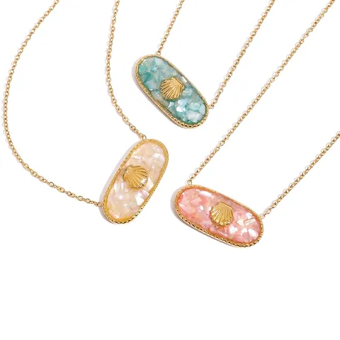Ocean Style 18K Gold Plated Stainless Steel Shell Pendant Necklace For Women Elegant Minimalist Jewelry Oval Sea Snail Inlaid Necklace