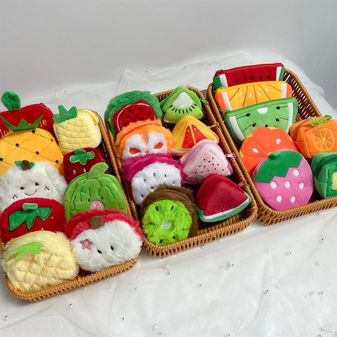 Cute Fruit Vegetable Plush Mini Coin Purse Soft Pouch Keychain Hook Kawaii Strawberry Watermelon Storage Bag For Girls