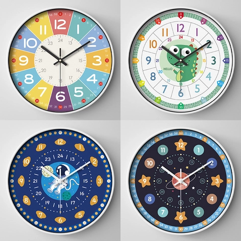 Pädagogische Wanduhr Leise Quarz Kunststoff Glas Zeitlernen Cartoon Astronaut Dinosaurier Für Kinder