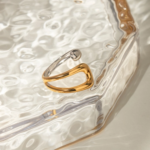 Moderne Edelstahl Bi-Color Offener Ring Für Damen Gold Silber Gemischt Unregelmäßig Skulptural Geometrisch Verstellbarer Schmuck