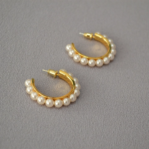 Elegant C-Shaped Artificial Pearl Hoop Earrings Gold Plated Copper Earrings With 925 Sterling Silver Earring Post For Women Jewelry