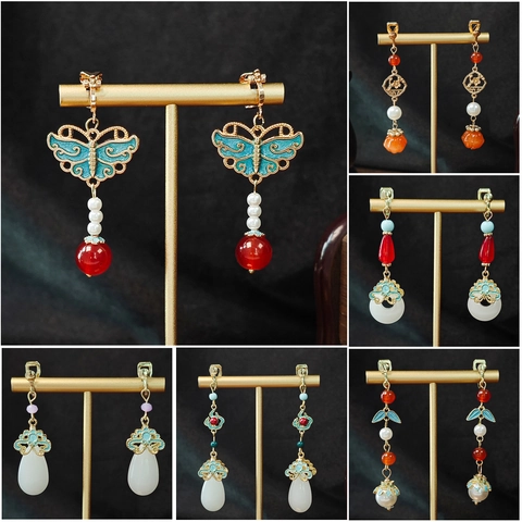 Orecchini Lunghi Stile Cinese Resina Imitazione Perla Artificial Smalto Lega Retro Etnico Antico Tradizionale Accessorio Donne Elegante