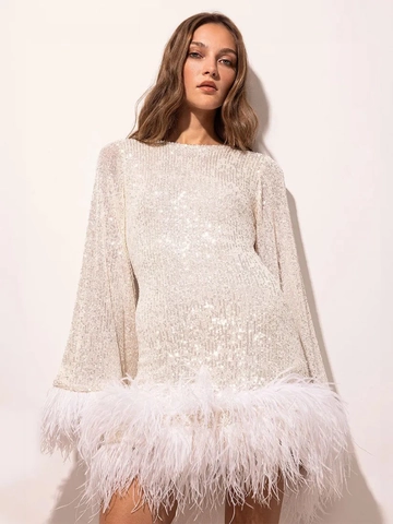 Women Sequin Feather Mini Dress Backless Flare Long Sleeve Party Evening Sexy Socialite Dress