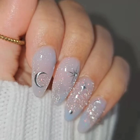 Press On Nagels Plastic Kattenoog Effect Ster Maan Ontwerp Gradiënt Paars Blauw Glitter Amandelvorm Glanzend Voor Vrouwen