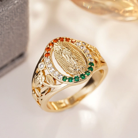 Bague De La Vierge Marie Notre Dame De Guadalupe En Cuivre Avec Zircone Colorée Fleur Creuse Bijoux Religieux Vintage Pour Femmes