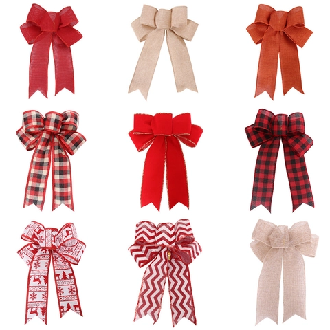 Christmas Decoration Bows Handmade Burlap Linen Plaid Fabric For Holiday Tree Wreaths And Gift Wrap Ornaments