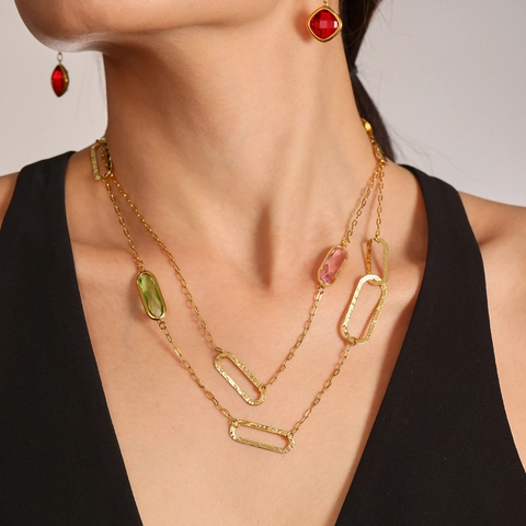 Vintage Double Layer Stainless Steel 18K Gold Plated Long Necklace Faceted Czech Glass Stone Hammered Sweater Chain Women