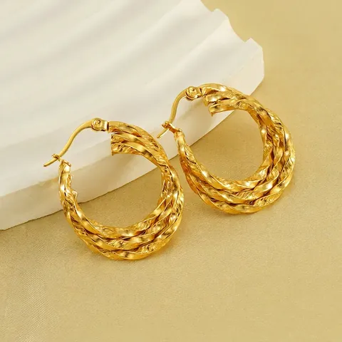 Meerlaagse Gedraaide Touw Ring Oorbellen 18K Verguld Roestvrij Staal Geometrisch Vintage Franse INS Stijl Voor Vrouwen