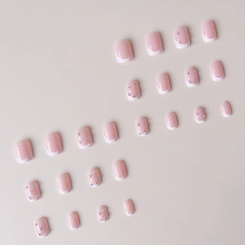 French Tip Press On Nails Pink White Rhinestones Square Short Ballet False Nails Elegant Stylish Manicure Sweet Lady Decor