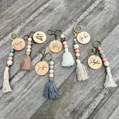 Bohemian Tassel Keychain With Wooden Disc Silicone Beads Handmade Bag Charm Accessories For Women Gift