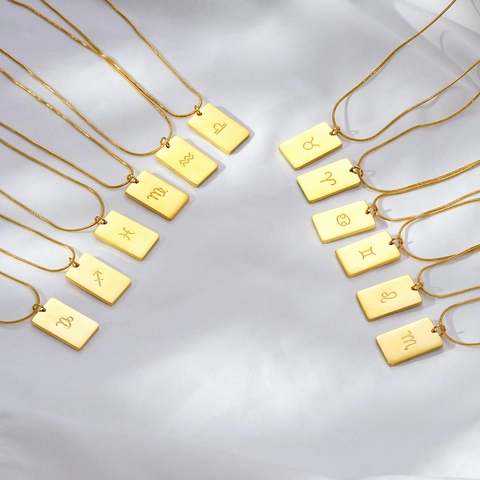 Zodiac Constellation Square Pendant Necklace 304 Stainless Steel Snake Bone Chain Minimalist Fashion Jewelry For Women