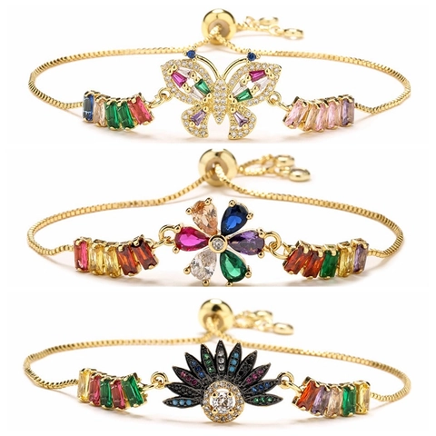 Bracciale in Rame Placcato Oro 18K per Donna Zirconia Arcobaleno Multicolore Farfalla Cuore Fiore Gioielli Bolo Regolabili