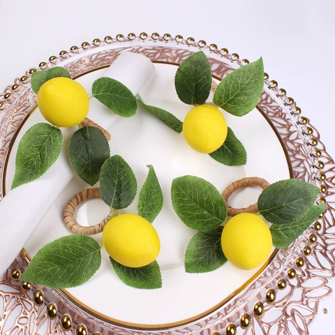 Artificial Lemon Napkin Rings Realistic Fruit Table Decor With Green Leaves Woven Base Farmhouse Rustic Style