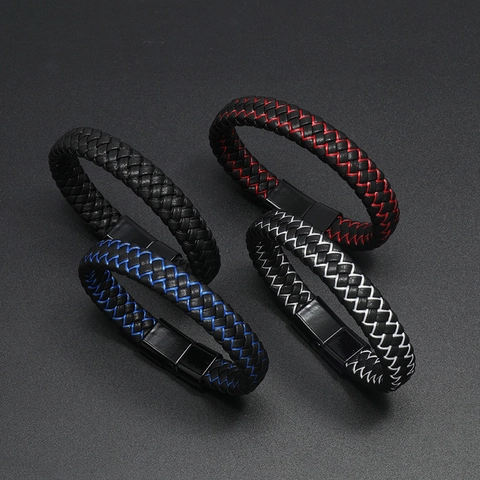 Bracelet En Cuir Tressé Pour Hommes Avec Fermoir Magnétique En Alliage Style Punk Décontracté Bijoux De Main Mode Accessoire