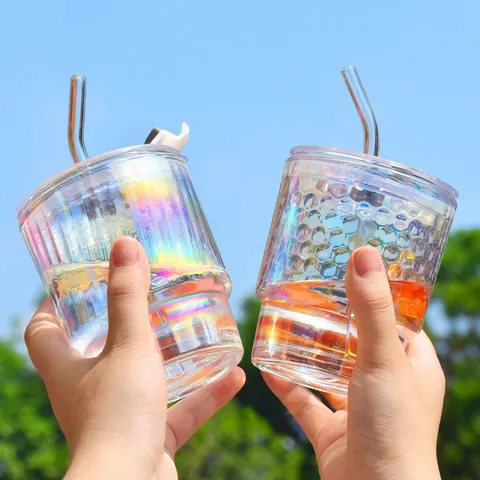 Colorful Iridescent Glass Coffee Tumbler With Straw And Lid Rainbow Striped Water Cup Elegant Drinking Glassware