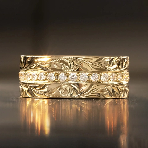 Vintage Brede Ring Met Bladpatroon Koper Ingelegd Met Zirkonia Sieraden Hawaii Stijl Voor Dames