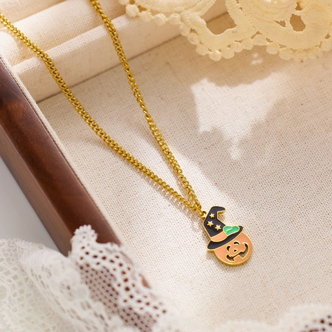 Titaniumstaal Emaille Hart Pompoen Hanger Ketting Voor Vrouwen Mode Romeinse Cijfers Strass Sieraden Ketting Met Druppellijm
