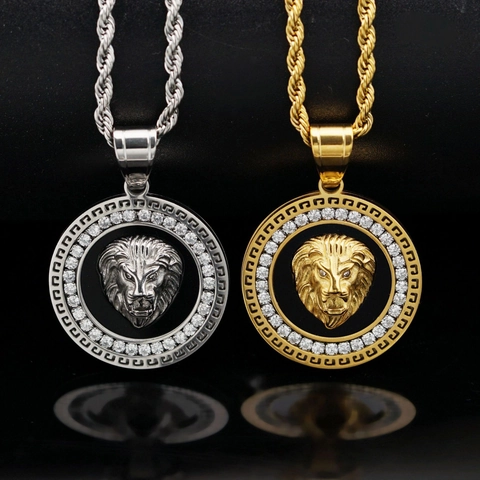 Lion Head Pendant Necklace Stainless Steel Gold Plated Cubic Zirconia Hip Hop Medallion Greek Key Pattern For Men Jewelry