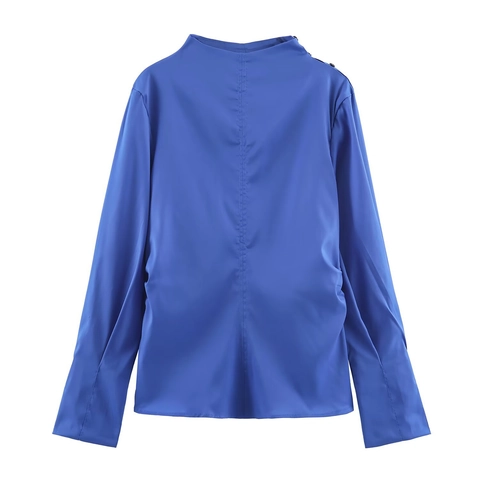 Women Long Sleeve Blouse Solid Blue Pleated Round Neck Satin Finish Shoulder Decorative Buttons Pullover Top Fashion