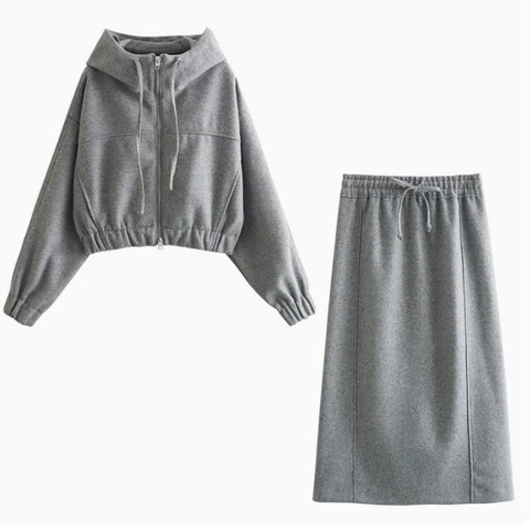 Grey Outfit Women Cropped Zipper Hooded Sweatshirt And Drawstring Straight Midi Skirt Casual Streetwear Polyester
