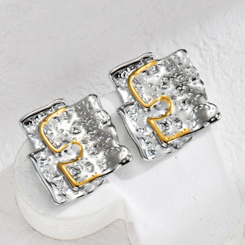 Irregular Hammered Stainless Steel Stud Earrings For Women Gold Silver Two Tone Geometric Trendy Fashion Jewelry Earrings
